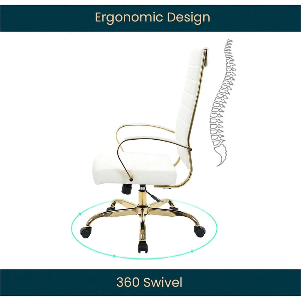 Modern Faux Leather High-Back Office Chair in White/Gold Q469