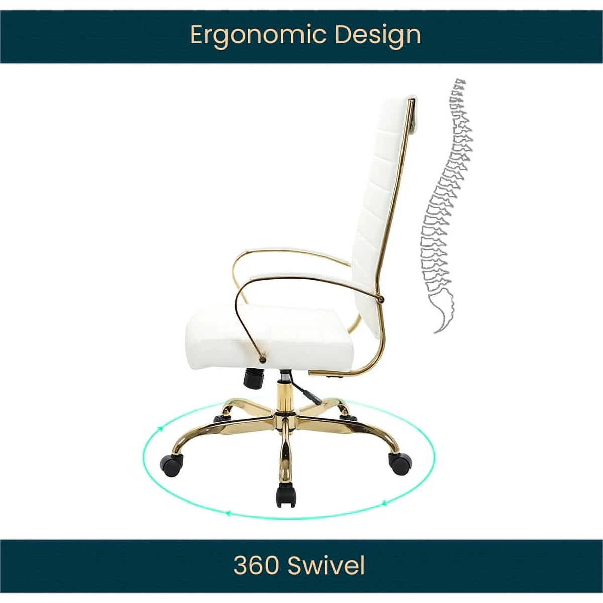 Modern Faux Leather High-Back Office Chair in White/Gold Q469