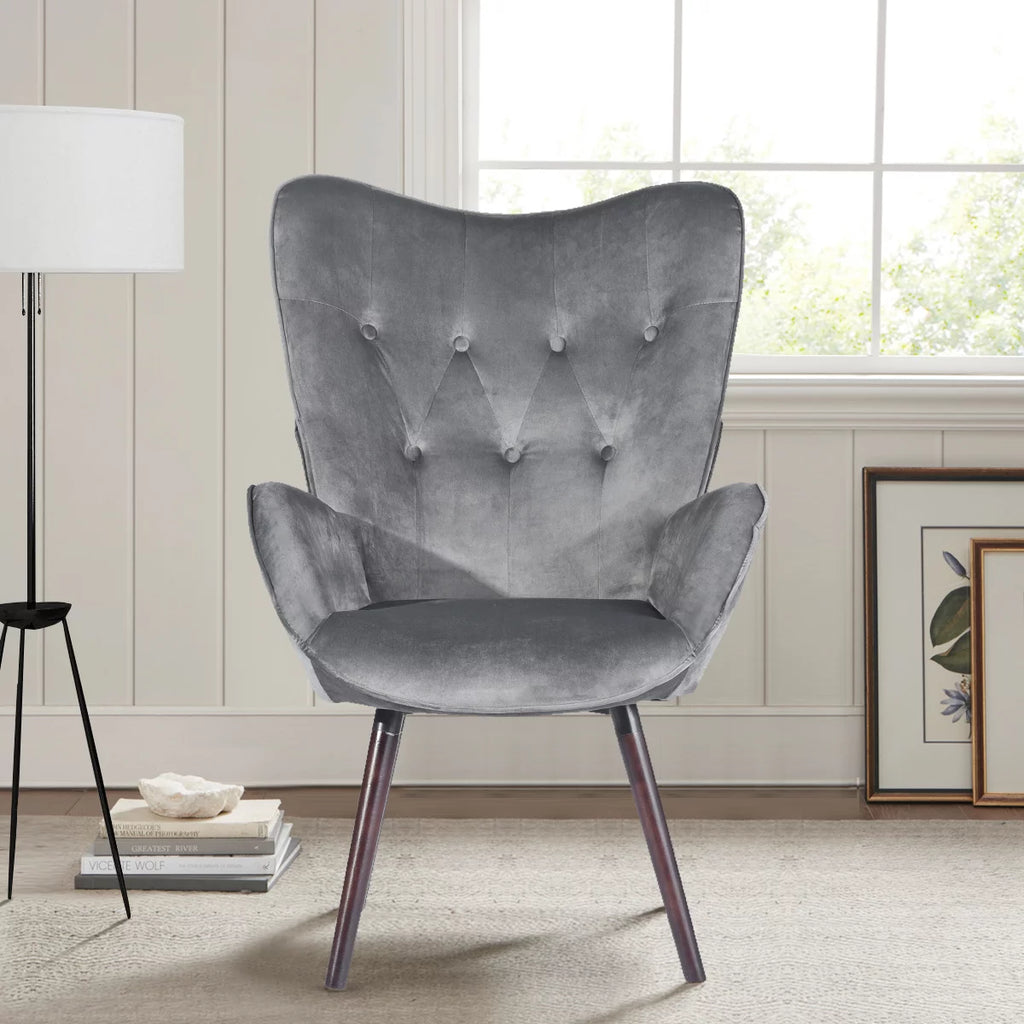 Gray Velvet Tufted Wing Back Accent Chair Q611