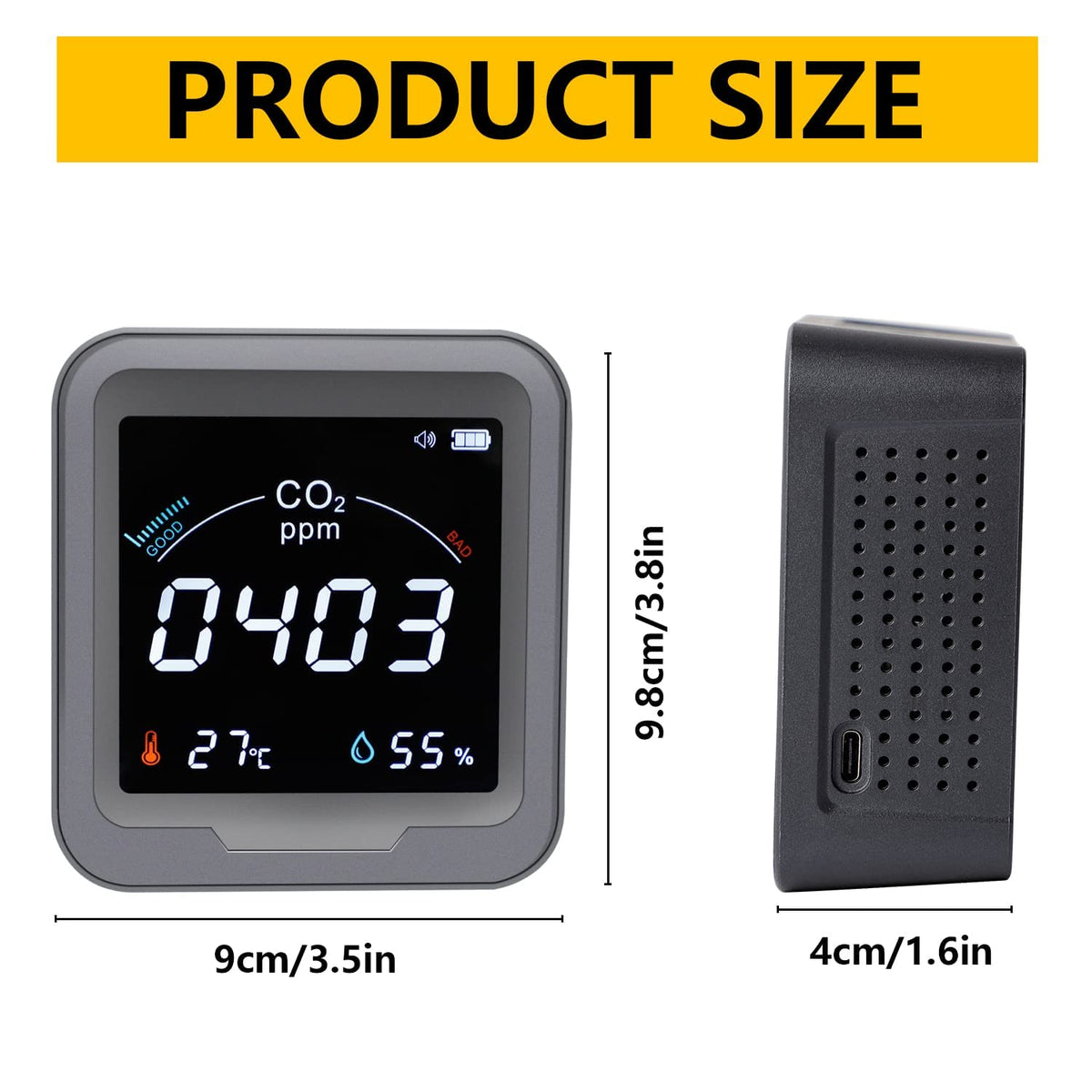 CO2 Monitor with Temperature and Relative Humidity, 400-5000ppm Range V161