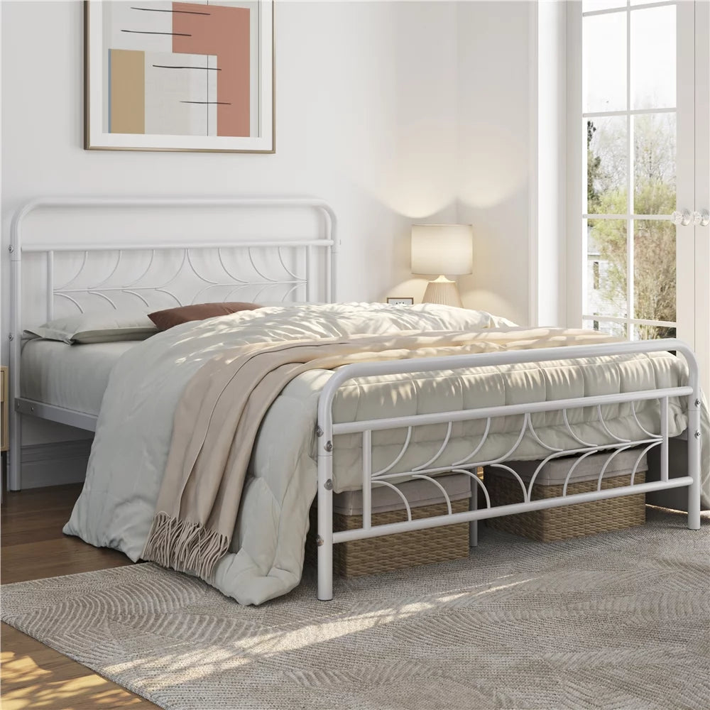 White Full Size Metal Bed with Headboard and Footboard E749