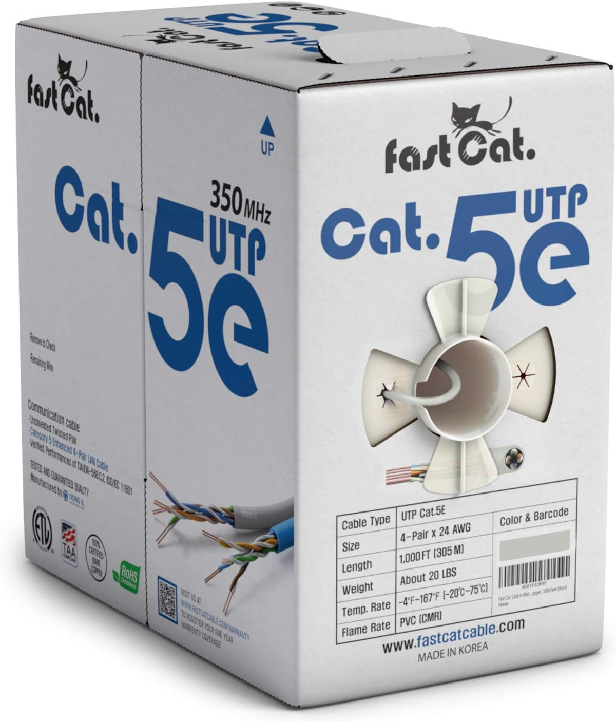Cat5e Ethernet Cable 1000ft - 24 AWG CMR Bare Copper UTP LAN Cable (Orange) I251