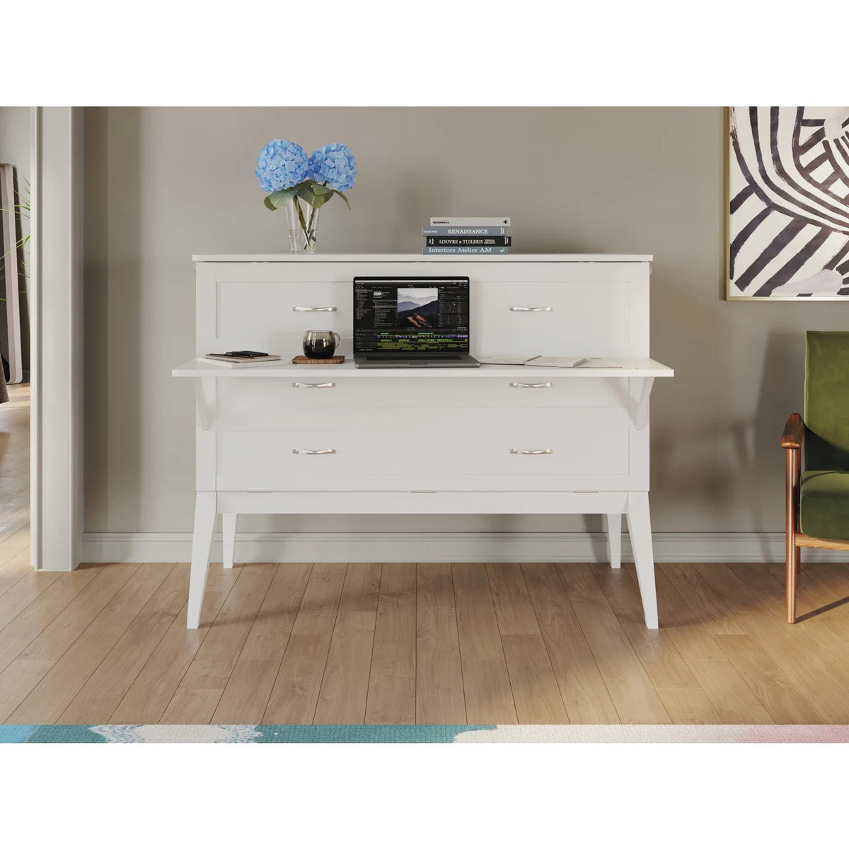White Solid Wood Full Size Murphy Bed with Mattress H215611