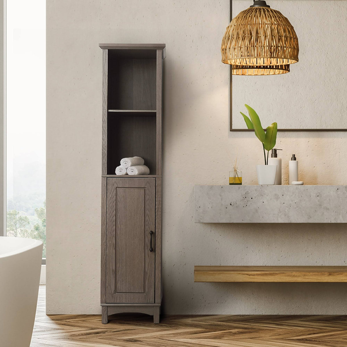 Wooden Bathroom Cabinet Linen Tower Salt Oak X54151