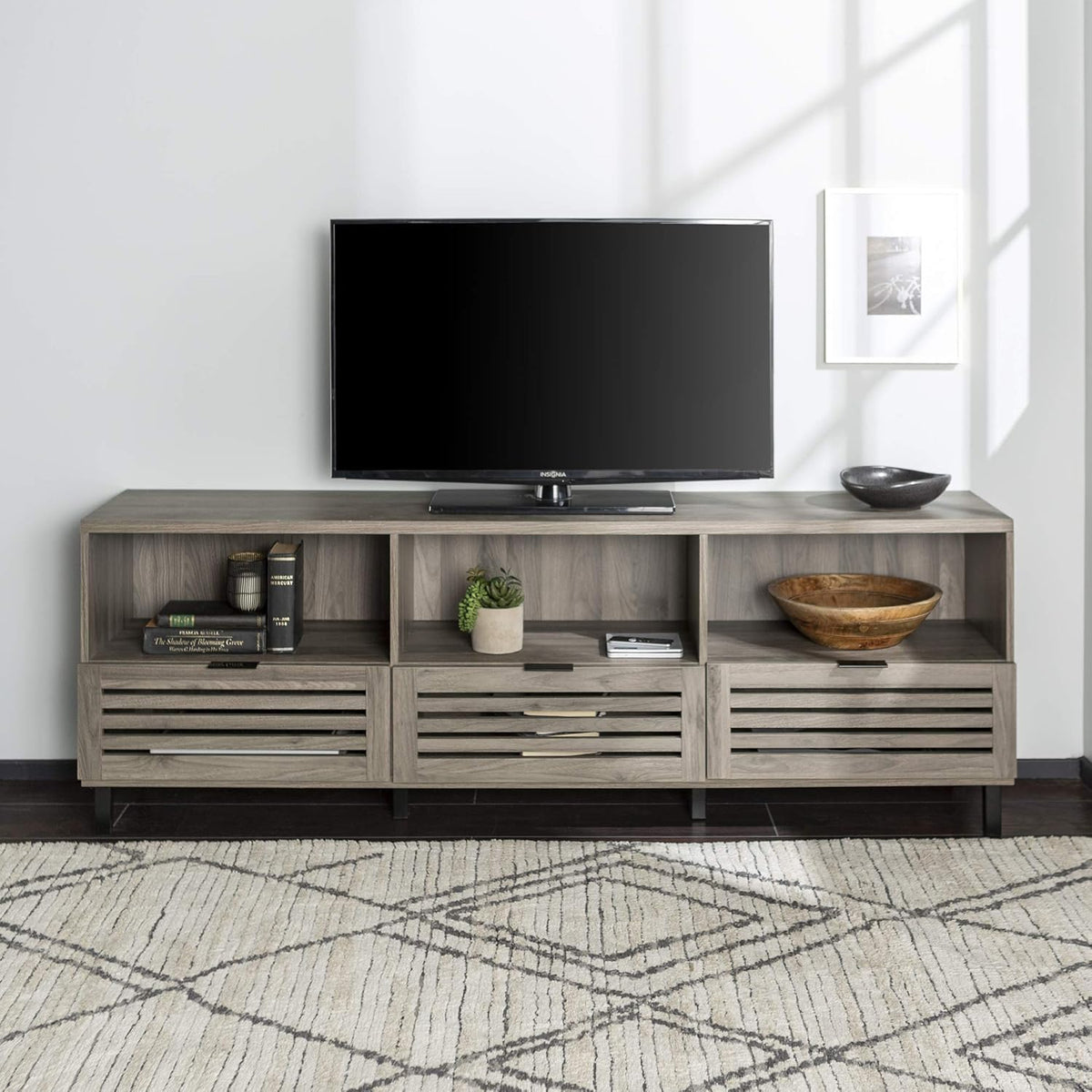 70 Inch Dark Walnut Slatted Wood TV Stand P111817