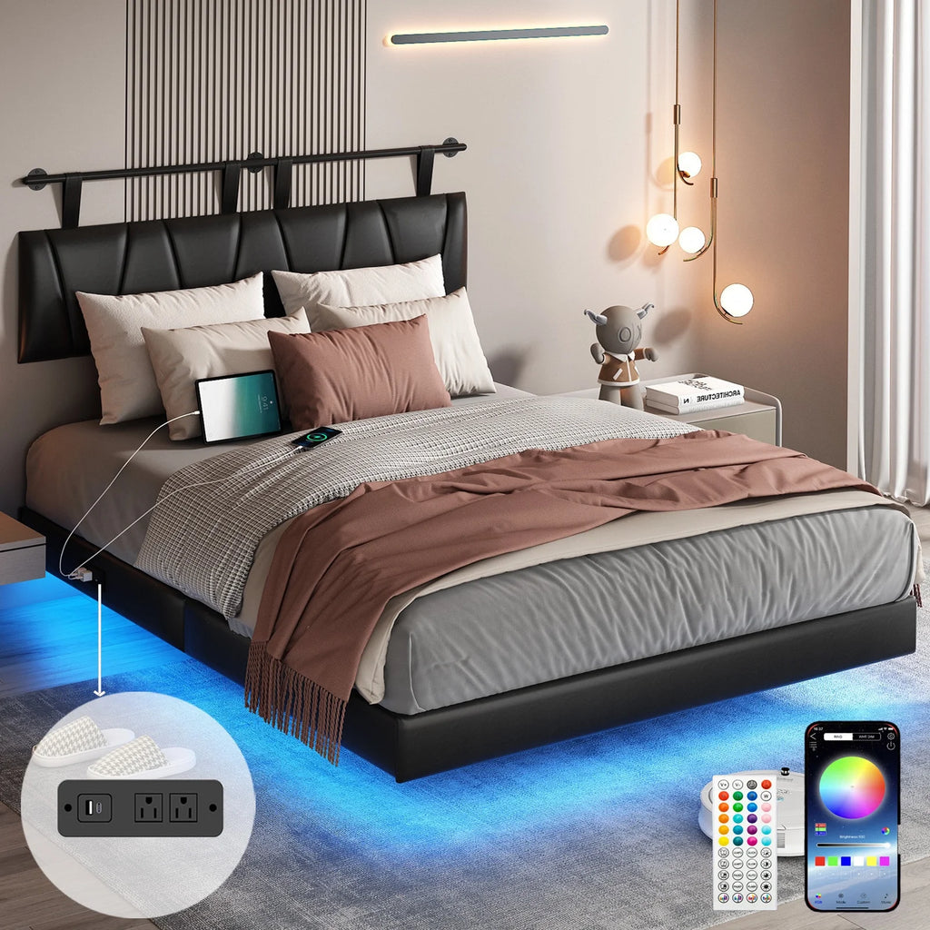 King Size Floating Upholstered Platform Bed with LED Light & Power Charging Station Y1558