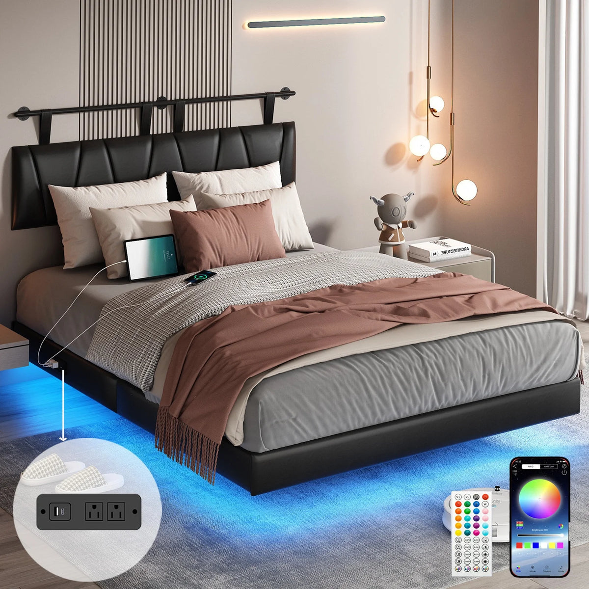 King Size Floating Upholstered Platform Bed with LED Light & Power Charging Station Y1558