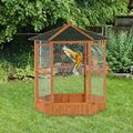 Large Wooden Hexagonal Outdoor Aviary Bird Cage with Covered Roof A810757