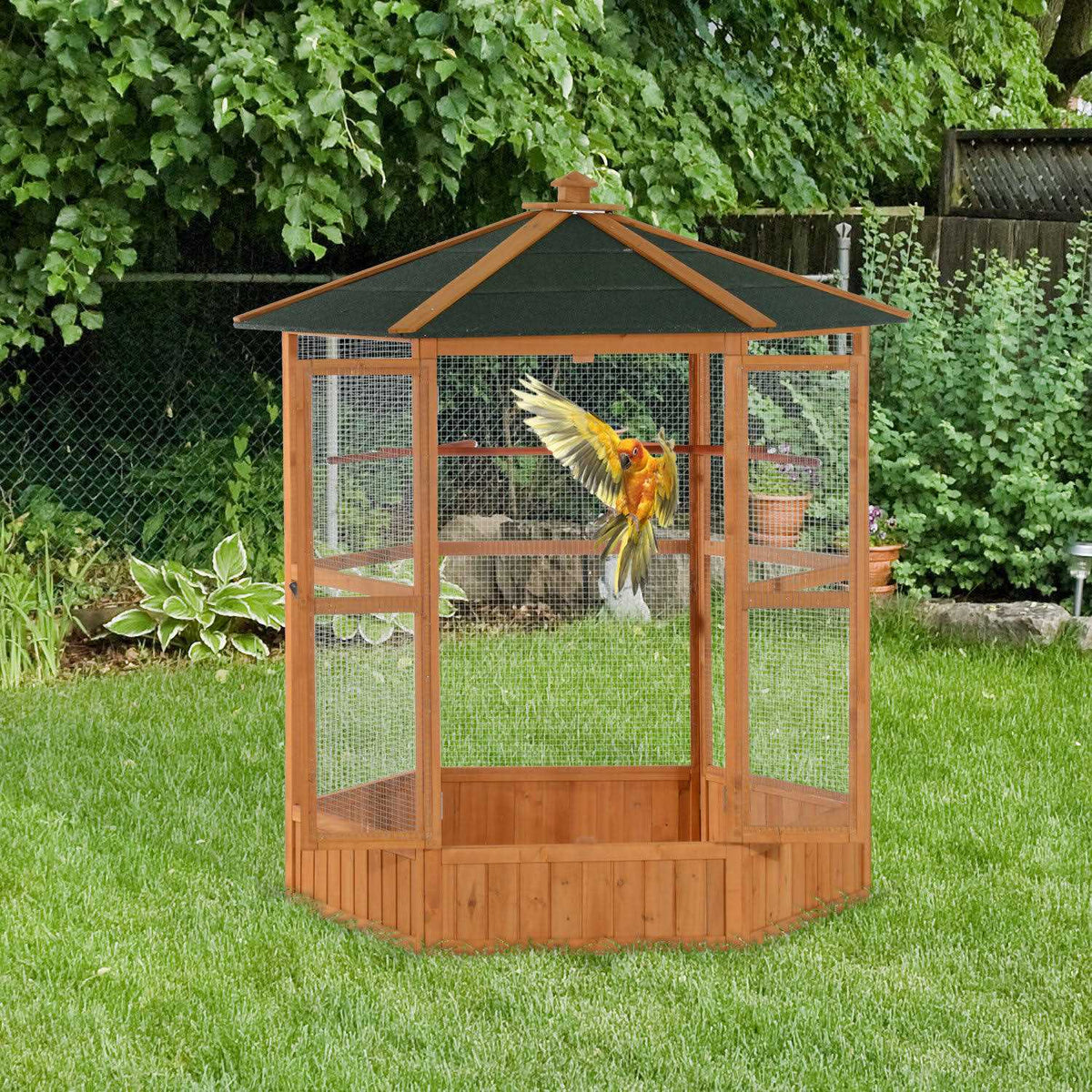 Large Wooden Hexagonal Outdoor Aviary Bird Cage with Covered Roof A810757