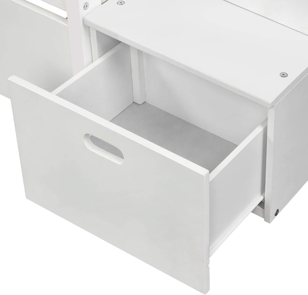 White Twin Over Twin Bunk with Trundle, 4 Drawers, and 3 Shelves F46042