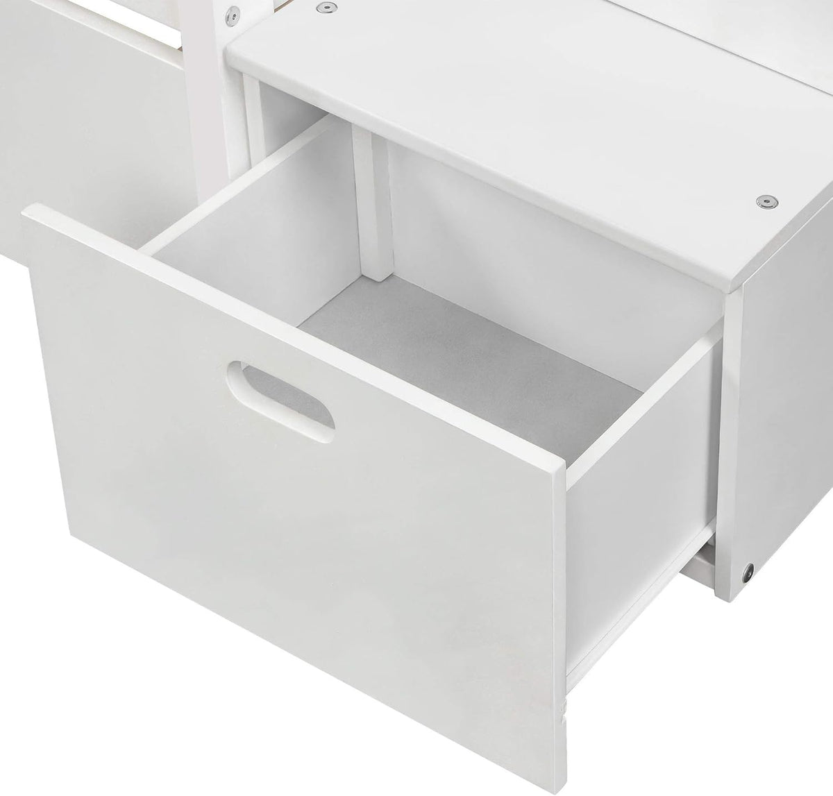White Twin Over Twin Bunk with Trundle, 4 Drawers, and 3 Shelves F46042