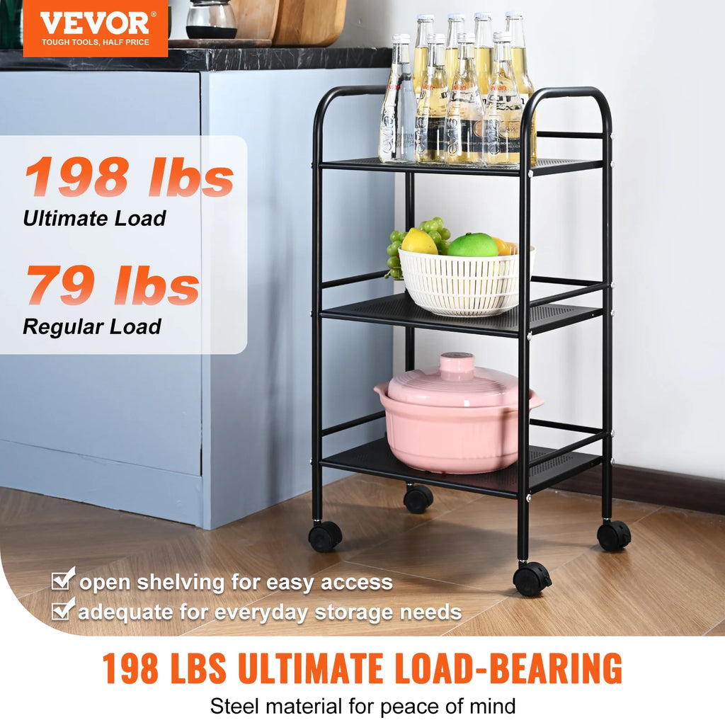 3-Tier Rolling Utility Cart with Handle Black U4936