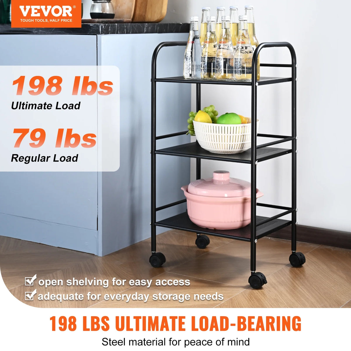 3-Tier Rolling Utility Cart with Handle Black U4936