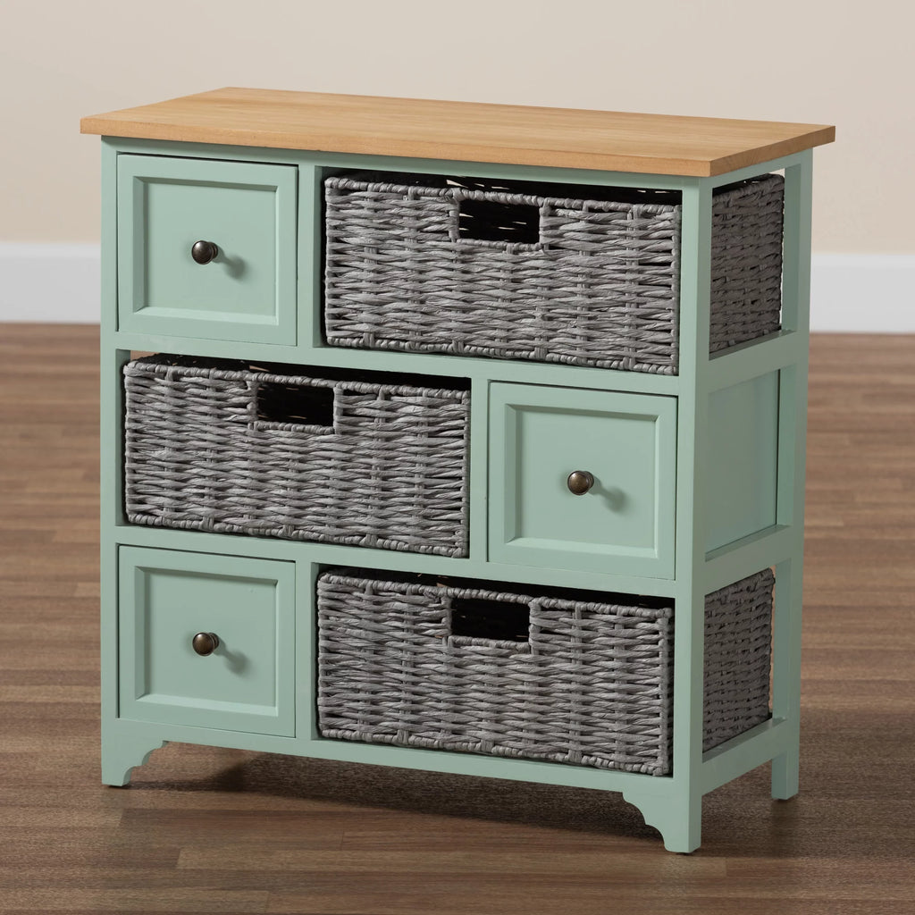 Oak Brown and Mint Green Wood 3-Drawer Storage Unit with Baskets H33711