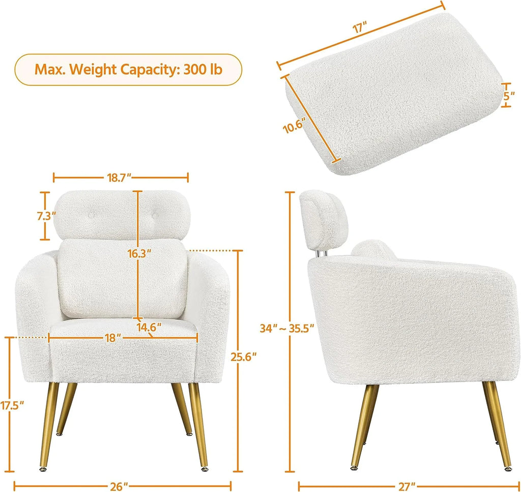 White Boucle Accent Chair with Adjustable Headrest and Golden Legs W199860