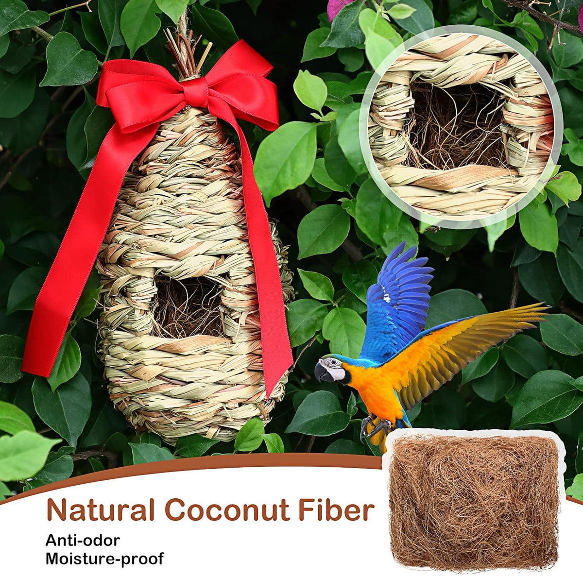 3 Pack Hummingbird Nest House with Coconut Fiber Nesting Material Red Ribbon Woven Nest O46376