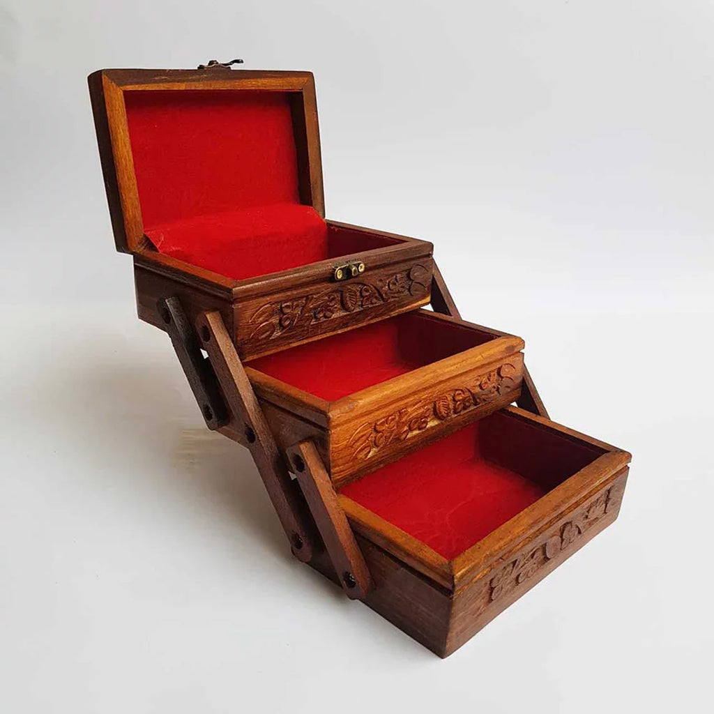 Hand Carved Wooden Jewelry Organizer with Lock U2492