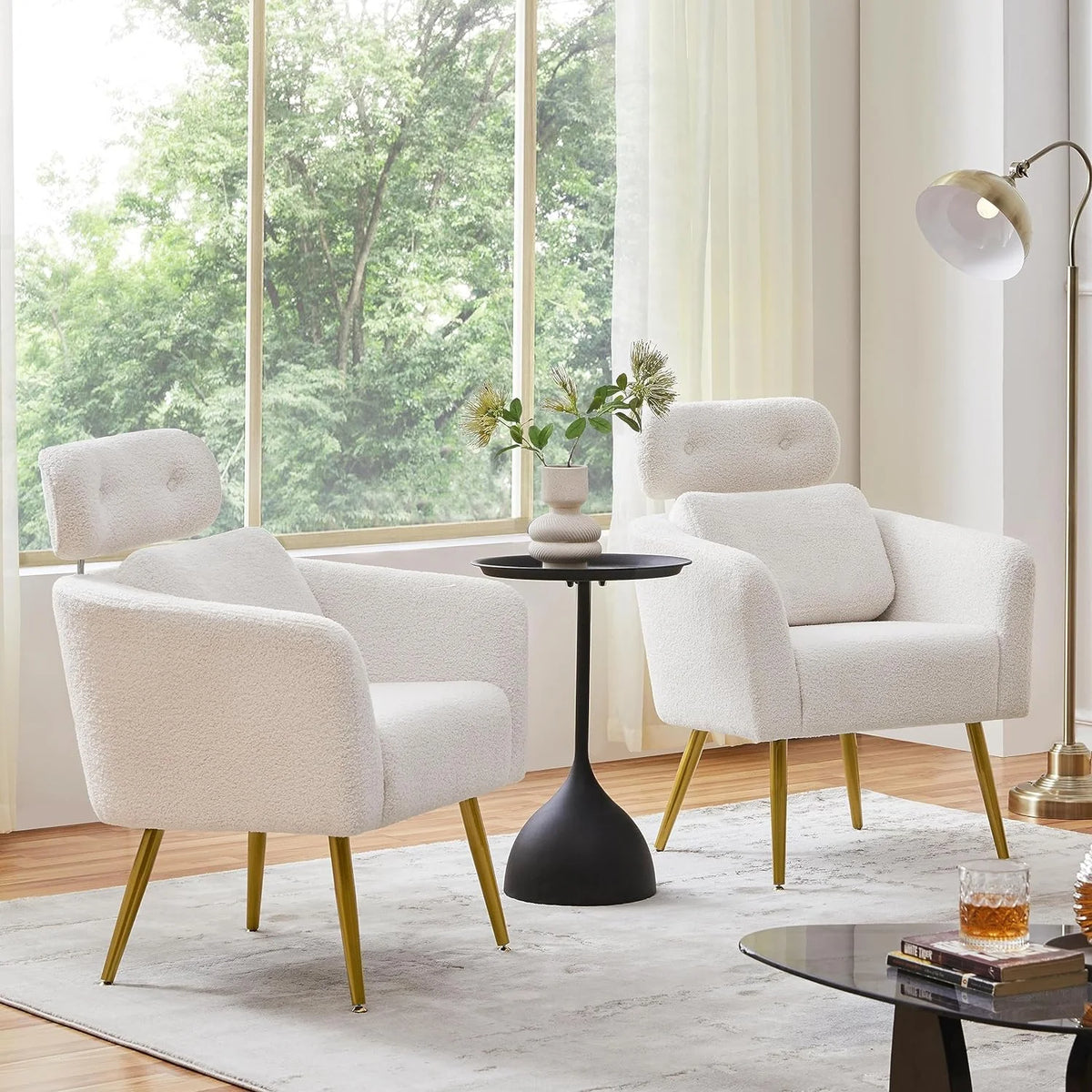 White Boucle Accent Chair with Adjustable Headrest and Golden Legs W199860