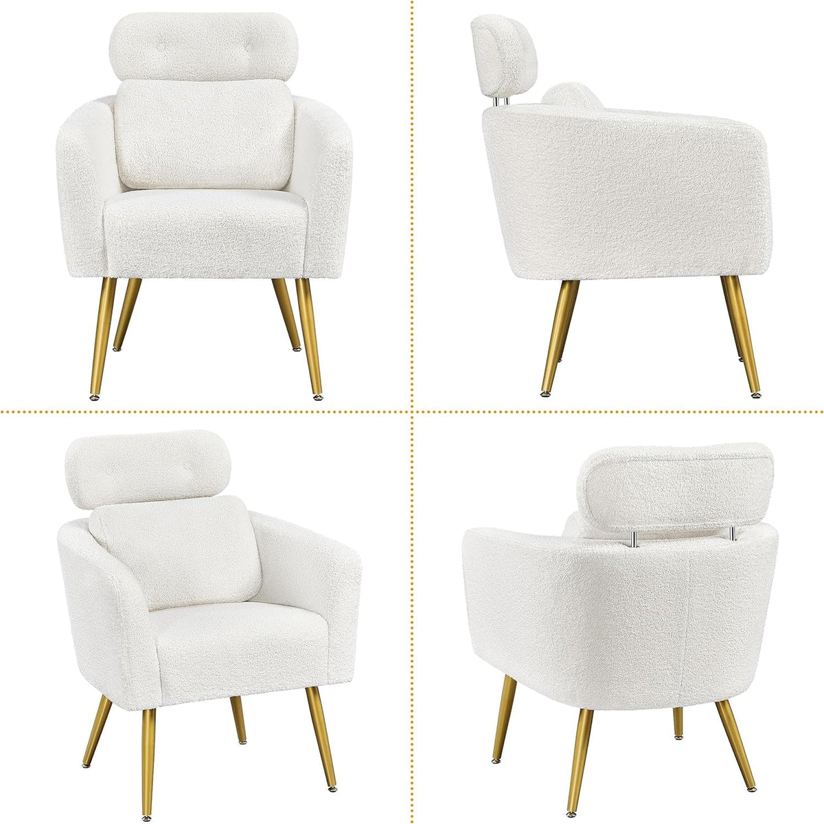 White Boucle Accent Chair with Adjustable Headrest and Golden Legs W199860