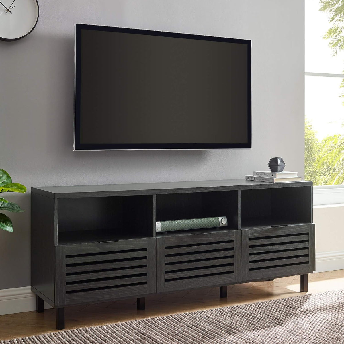 70 Inch Dark Walnut Slatted Wood TV Stand P111817