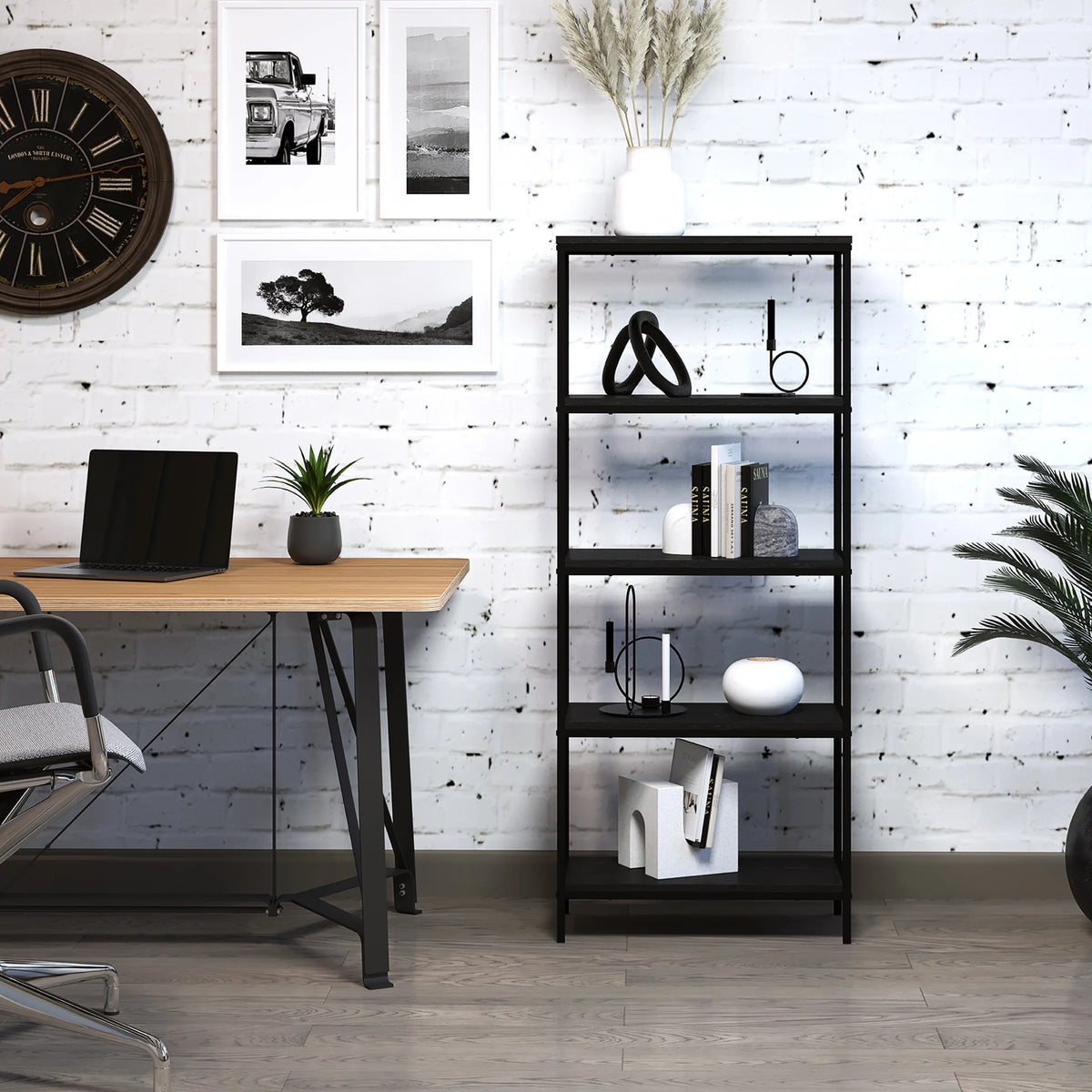 5-Tier Black Woodgrain Bookshelf D883