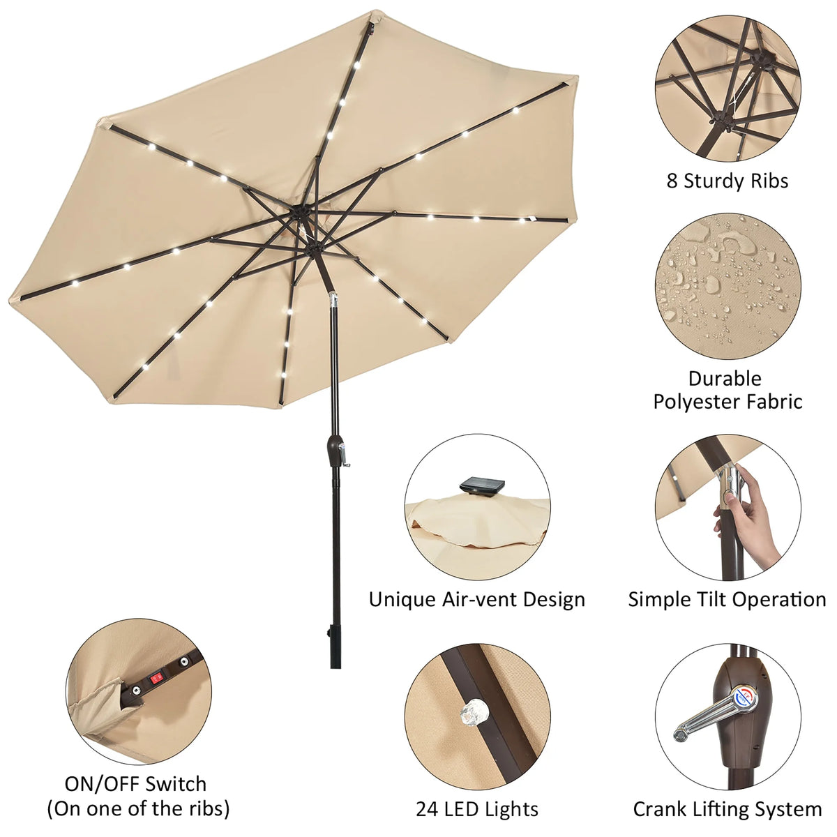 10ft Solar LED Patio Umbrella K511526