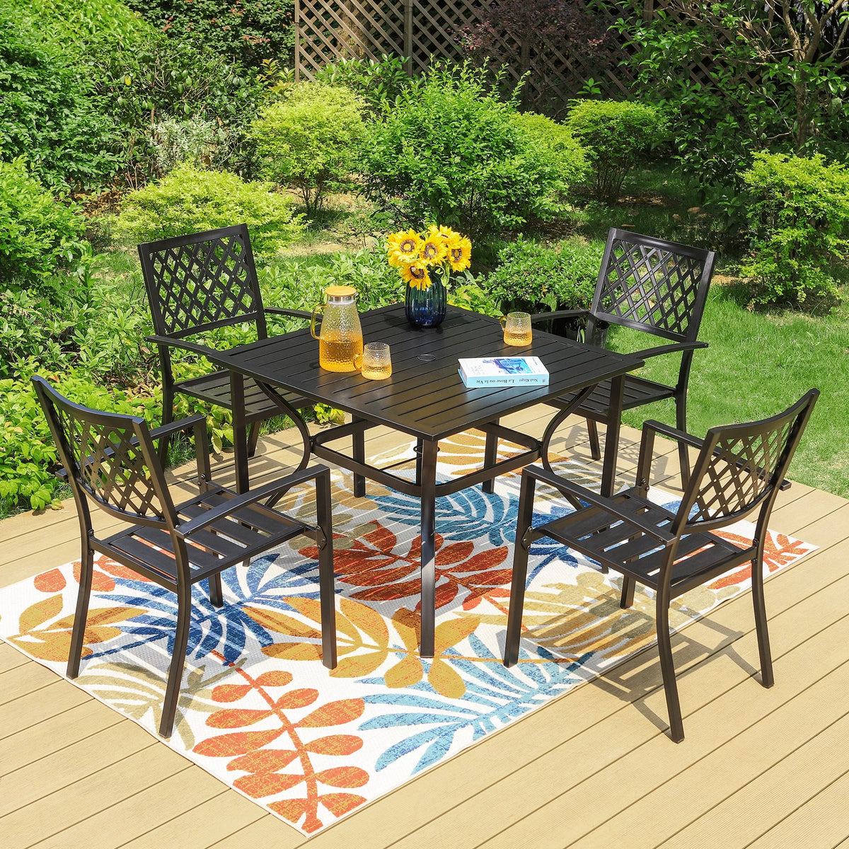 5 Pieces Patio Dining Sets Outdoor Metal All Weather Furniture Sets with Umbrella Hole, Black A459963