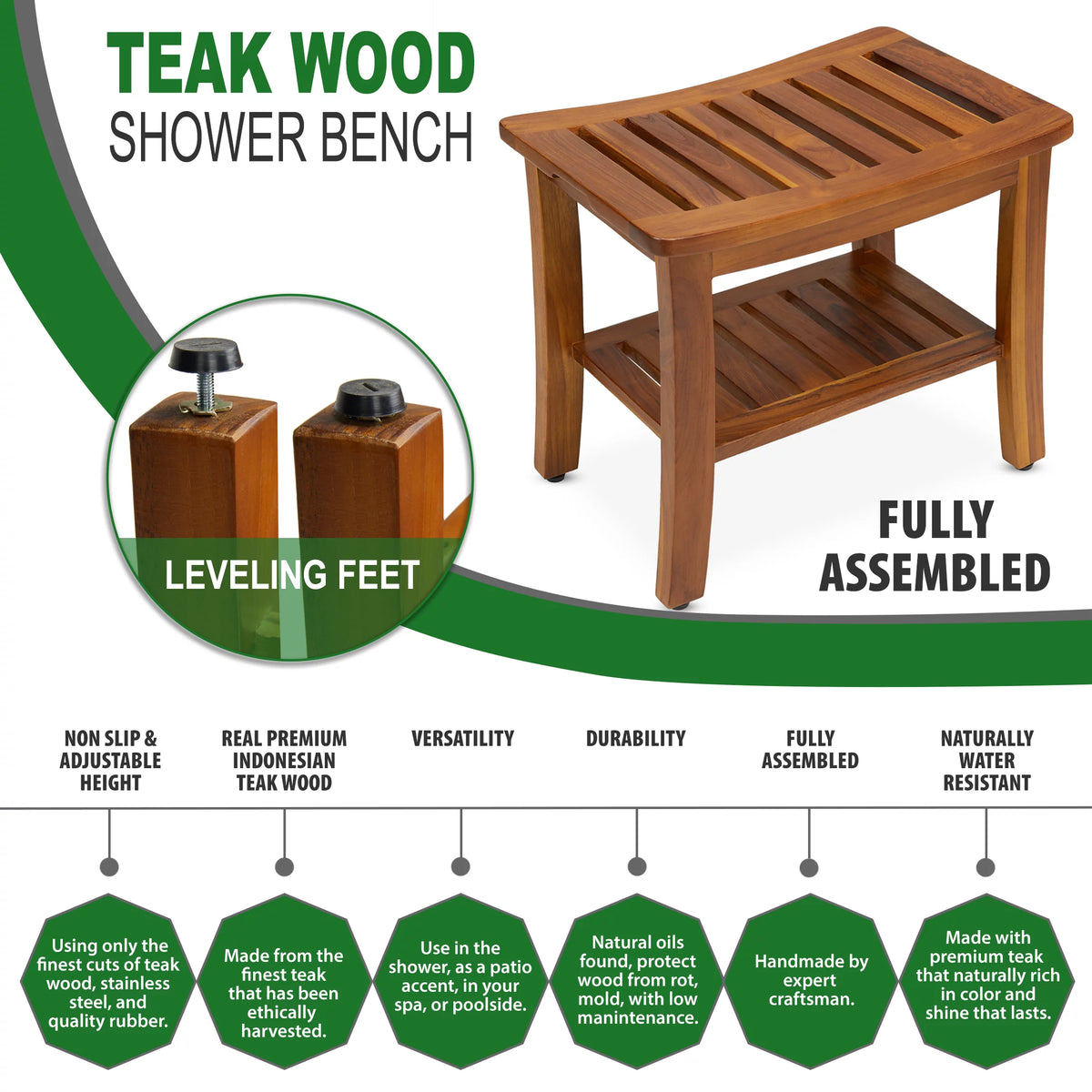 21 Inch Teak Wood Shower Bench with Shelf F988007