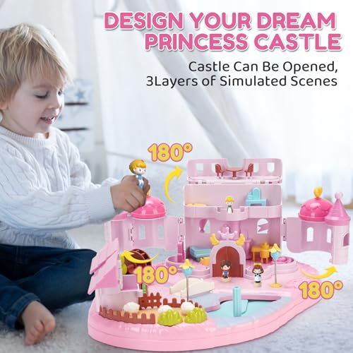 Castle Playset with 4 Magnetic Control Movable Toys, Magnetic Doll House Building Toys with Light & Music（Pink） W83437