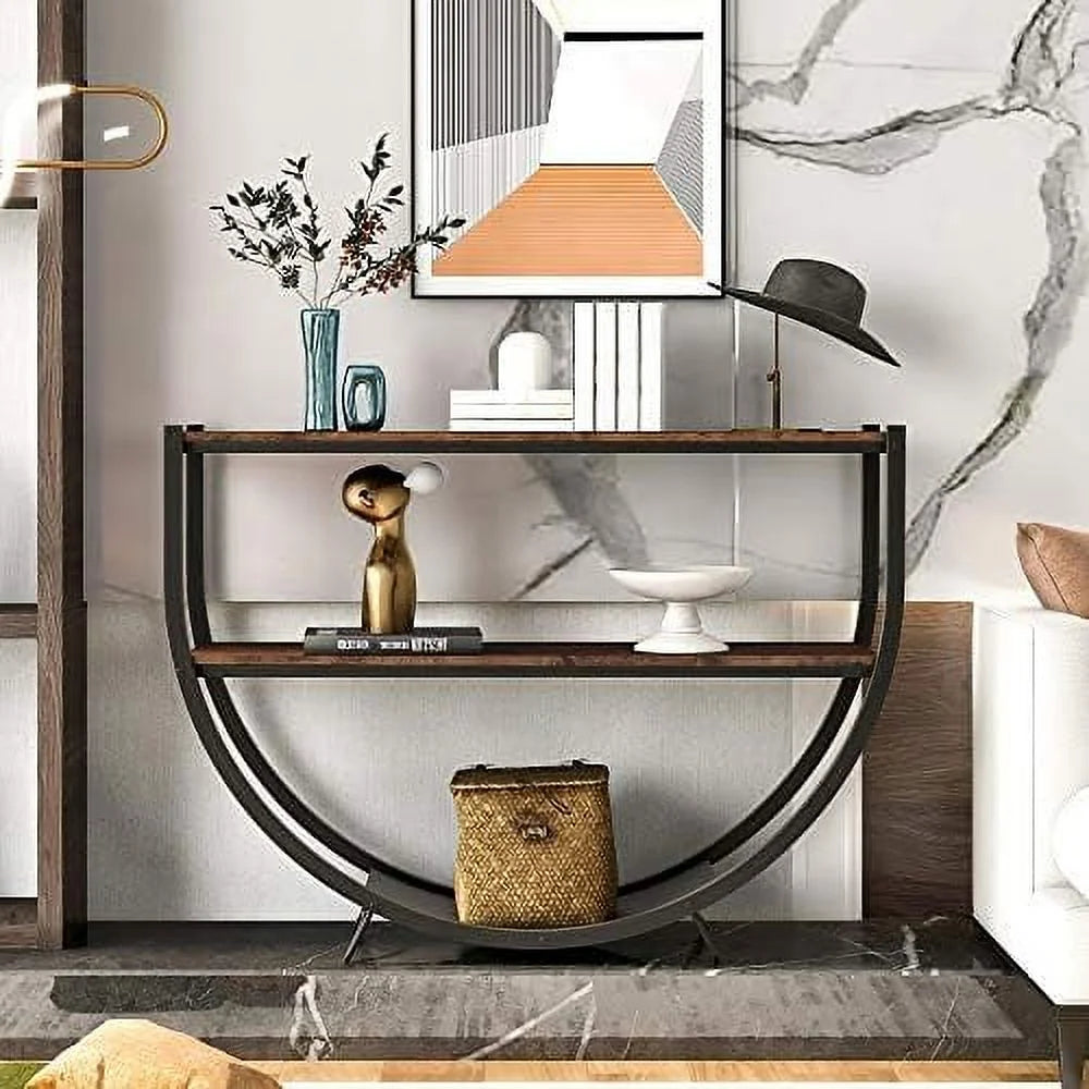48" Demilune Shape Console Table with Open Shelf Rustic Brown R226229
