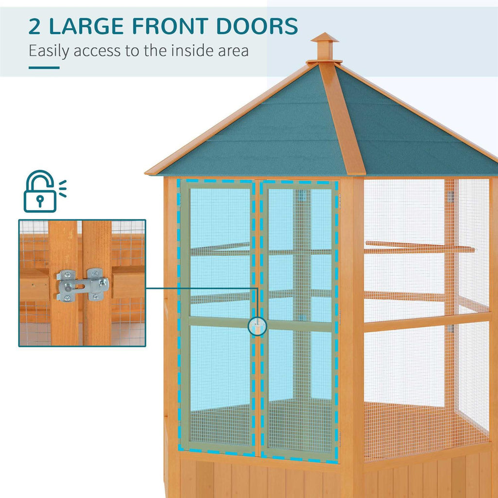 Large Wooden Hexagonal Outdoor Aviary Bird Cage with Covered Roof A810757