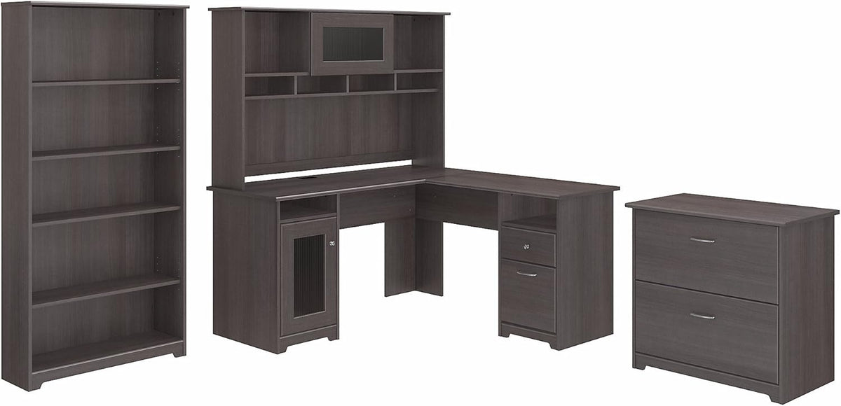 L Shaped Desk with Hutch, File Cabinet and 5 Shelf Bookcase J541796