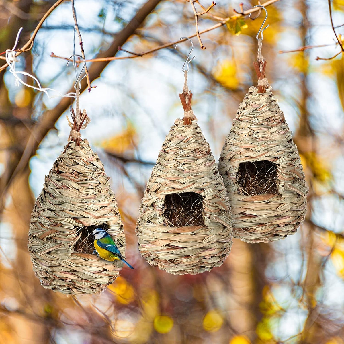 3 Pack Hummingbird Nest House with Coconut Fiber Nesting Material Red Ribbon Woven Nest O46376