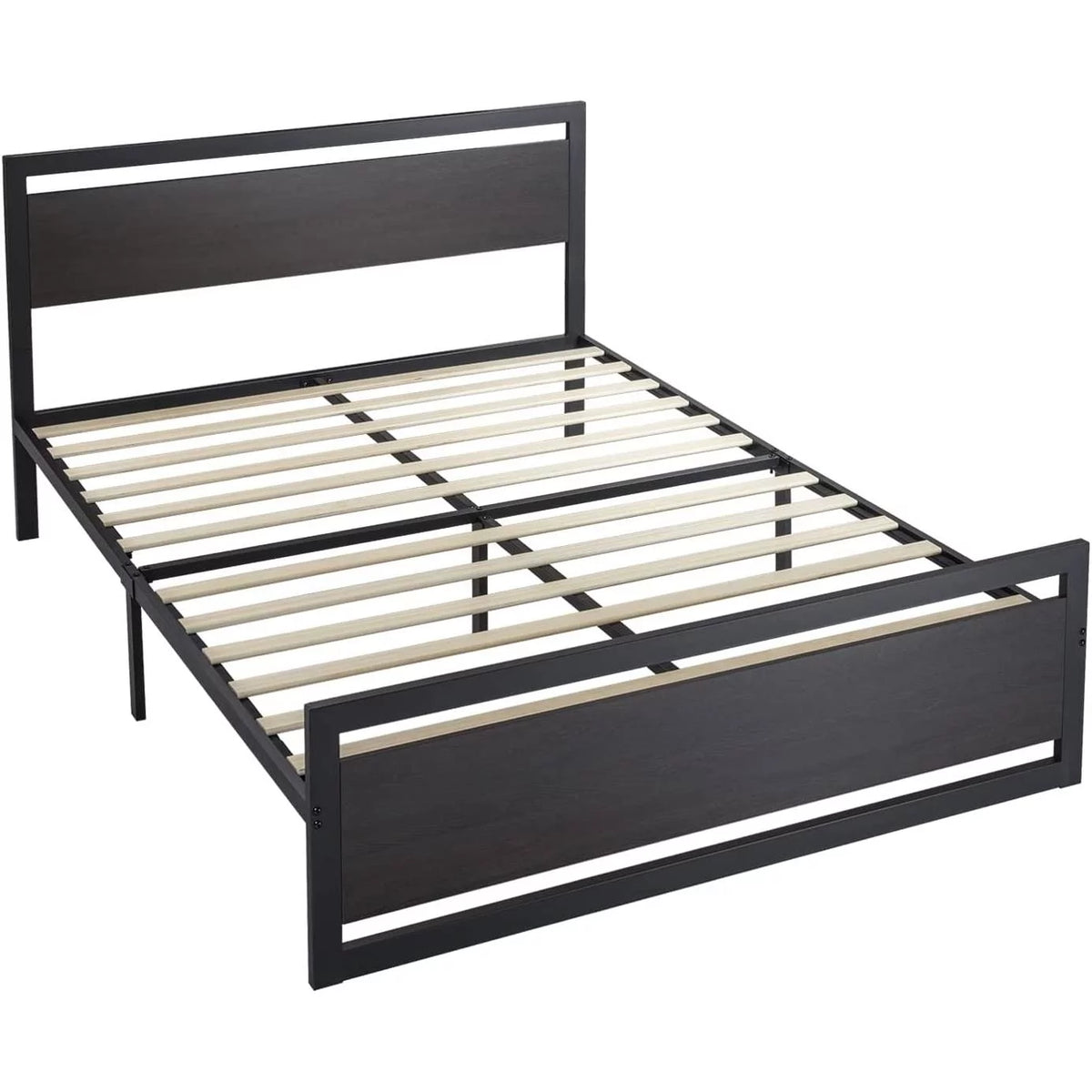 Black Metal Platform Bed Frame with Wood Headboard and Footboard F812652