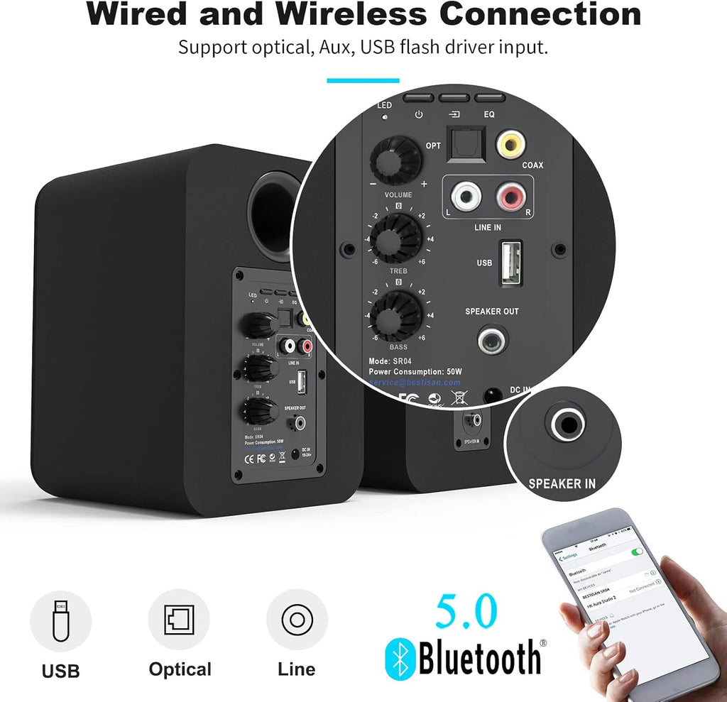 Bluetooth Bookshelf Active Speakers, 50W RMS, Pair, Black R515424