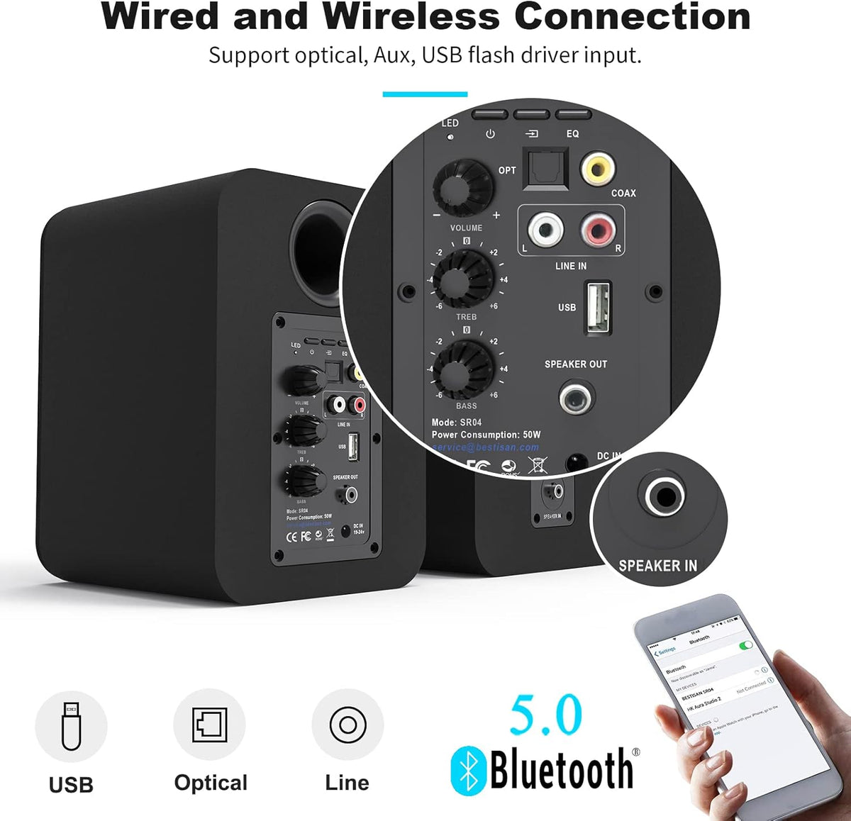 Bluetooth Bookshelf Active Speakers, 50W RMS, Pair, Black R515424