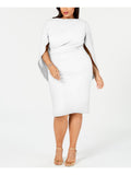 White Zippered Ruched Cape Sleeves V-back Round Neck Above The Knee Party Sheath Dress Plus 14W B977
