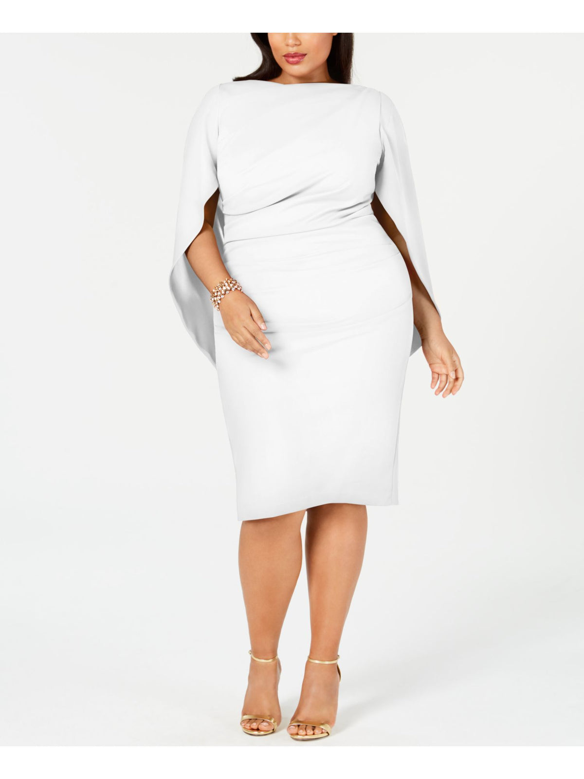 White Zippered Ruched Cape Sleeves V-back Round Neck Above The Knee Party Sheath Dress Plus 14W B977
