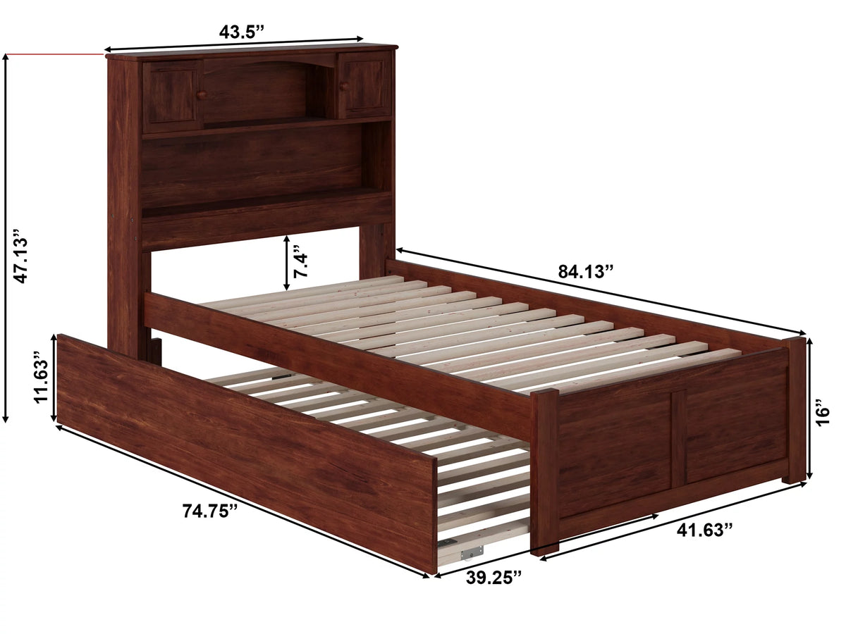 Twin Solid Wood Platform Bed with Footboard & Trundle in Walnut Q127