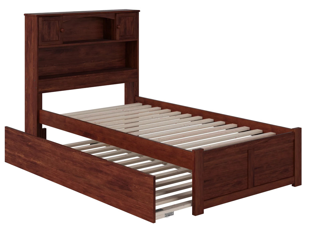 Twin Solid Wood Platform Bed with Footboard & Trundle in Walnut Q127