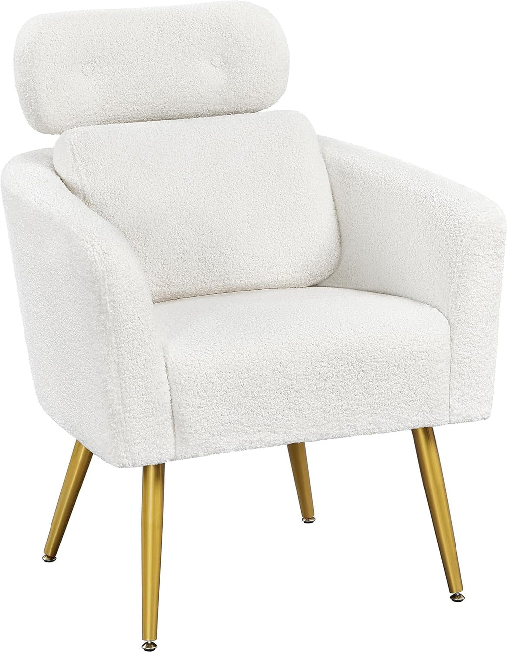 White Boucle Accent Chair with Adjustable Headrest and Golden Legs W199860