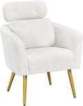 White Boucle Accent Chair with Adjustable Headrest and Golden Legs W199860