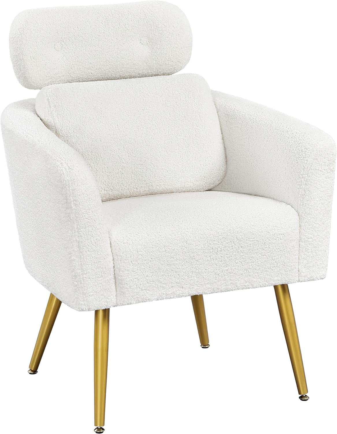 White Boucle Accent Chair with Adjustable Headrest and Golden Legs W199860
