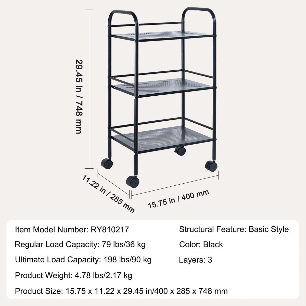 3-Tier Rolling Utility Cart with Handle Black U4936