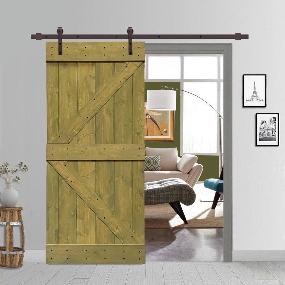 Jungle Green Stained Wood Interior Sliding Barn Door with Hardware Kit F759064