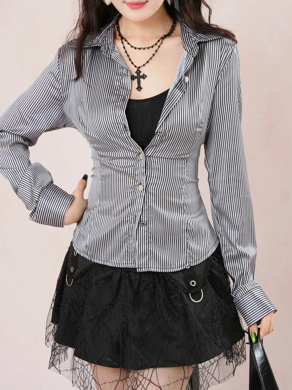 Lace Patchwork Bow-Tie Blouse & Mini Skirt Set F183066