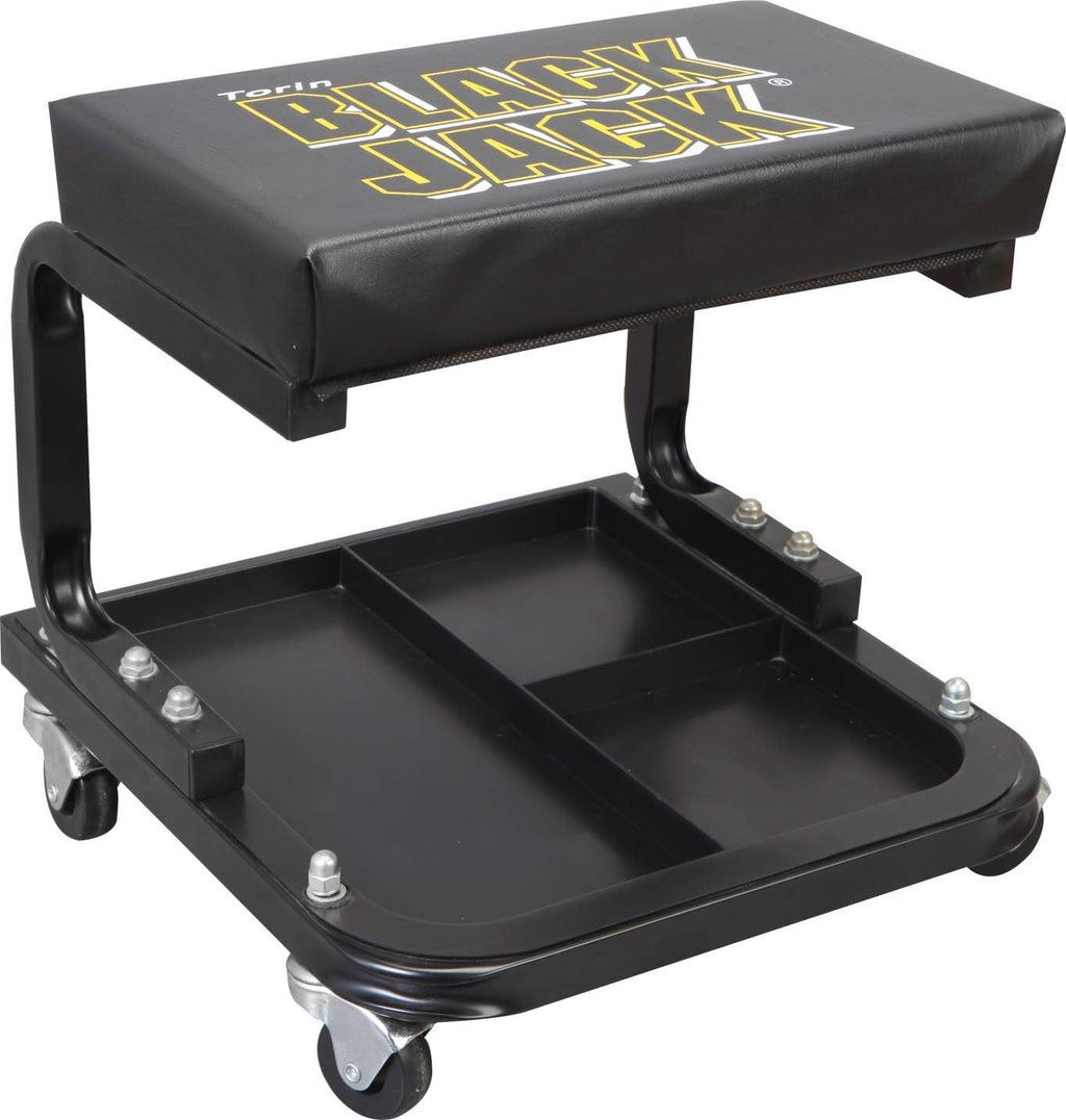 Black Padded Mechanic Stool with Tool Tray Storage U12790