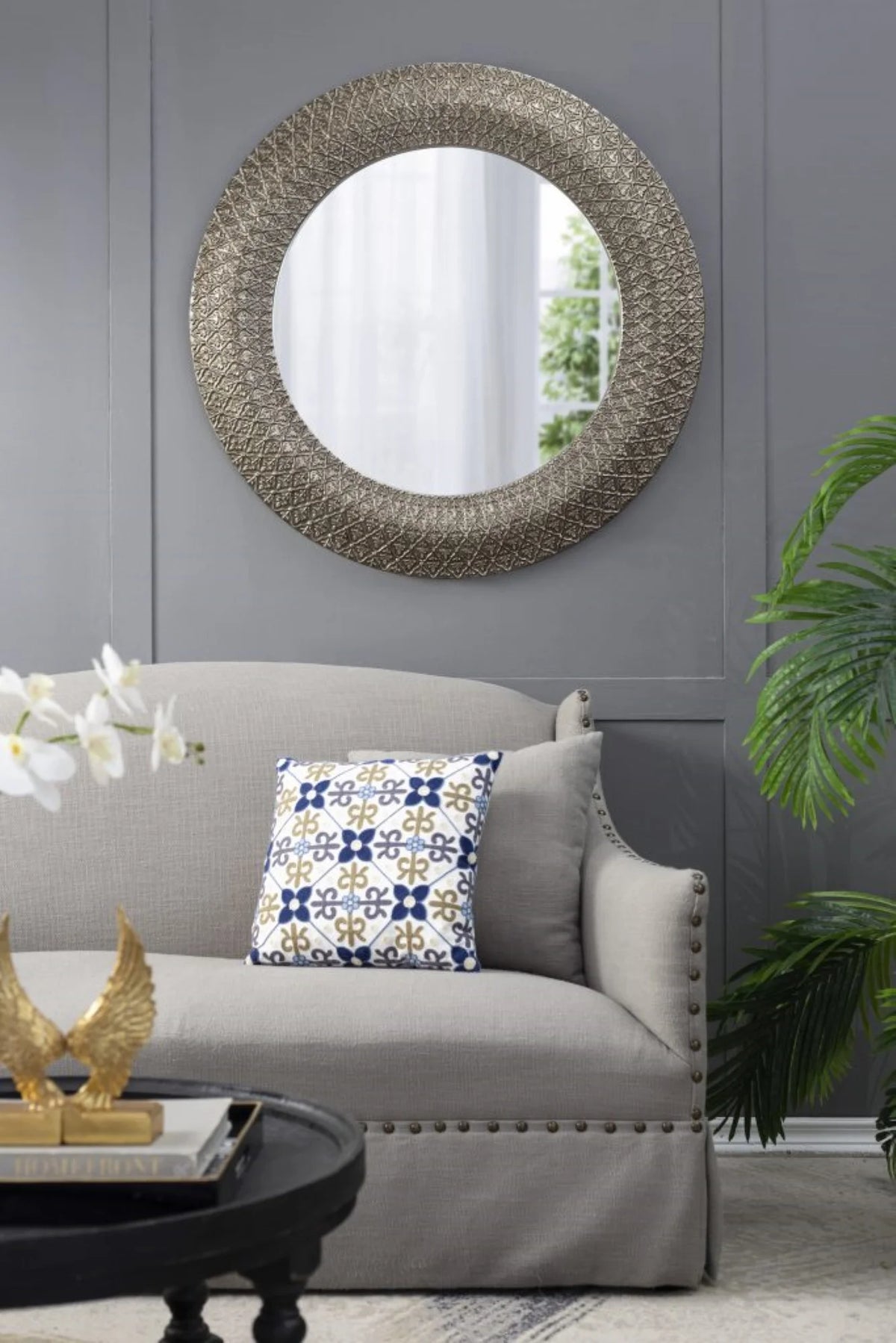 Large Round Wall Mirror with 3D Sculpted Wide Frame B9692