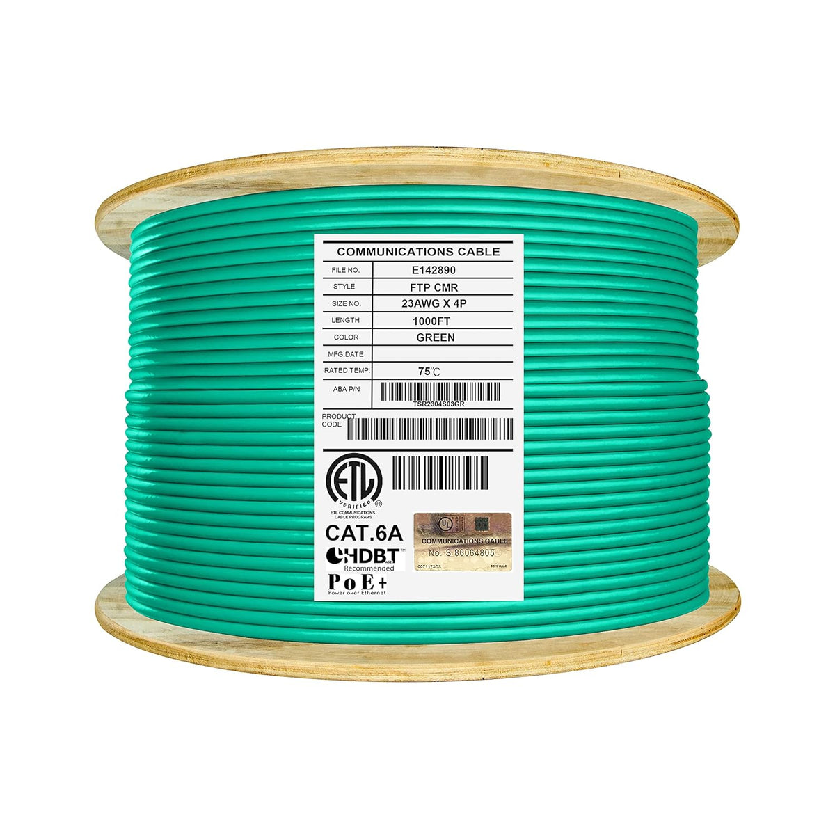 Bulk Ethernet Cable Reel, Cat6A Shielded Riser, 1000ft, FTP 23AWG, Solid Bare Copper, Blue R663594