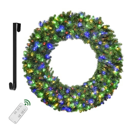 48in Large Christmas Outdoor Wreath with 210 Colorful LEDs, 714 PVC Tips, Metal Hook W141